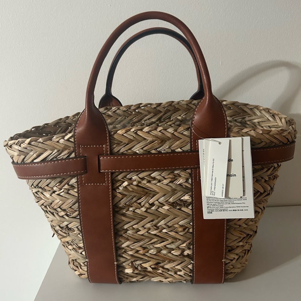 Woven Straw Tote with Brown Leather Handles
